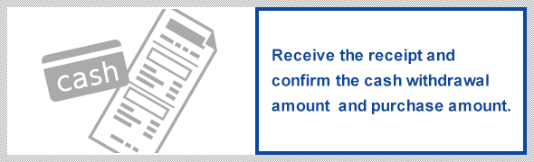 Receive the receipt and confirm the cash withdrawal amount  and purchase amount.
