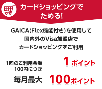 カードショッピングでためる！GAICA（Flex機能付き）を使用して国内外のVisa加盟店でカードショッピングをご利用　1回のご利用金額100円につき1ポイント　毎月最大100ポイント