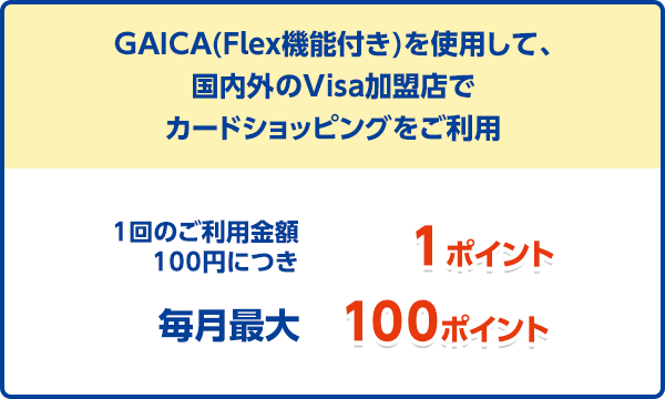 GAICA（Flex機能付き）を使用して国内外のVisa加盟店でカードショッピングをご利用　1回のご利用金額100円につき1ポイント　毎月最大100ポイント